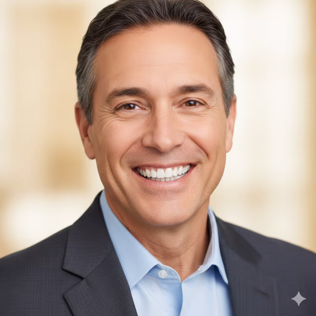 Smiling middle-aged man with dark hair wearing a light blue shirt and dark blazer against a blurred beige background.