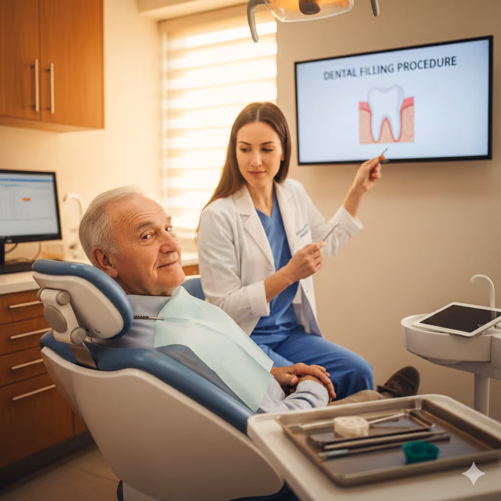 Dentist explaining dental filling procedure to an elderly male patient seated in a dental chair.