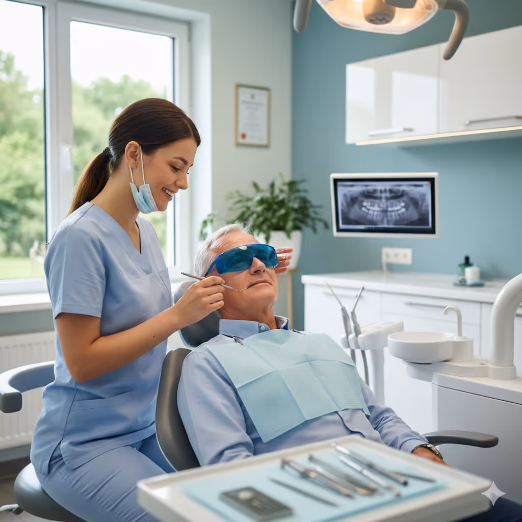 Dentist examining an elderly male patient's teeth in a modern dental office.