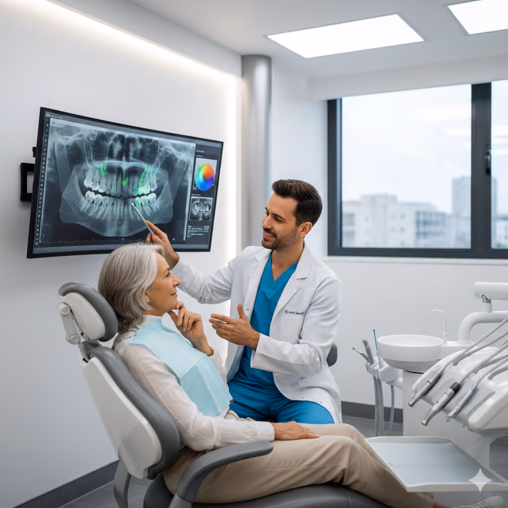 Dentist explaining dental X-ray results to an elderly female patient in a modern clinic.