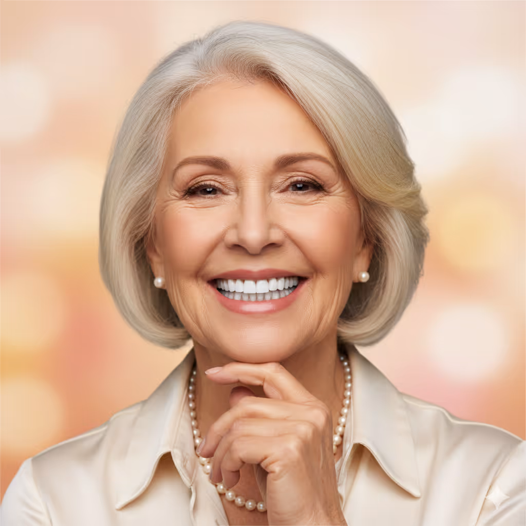 Smiling elderly woman with short gray hair, wearing pearl earrings and necklace with a beige blouse.