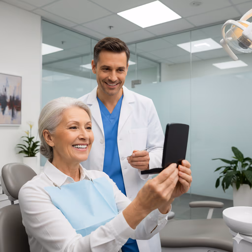 Smiling senior woman holding a mirror and looking at her teeth with a male dentist standing behind her in a dental clinic.