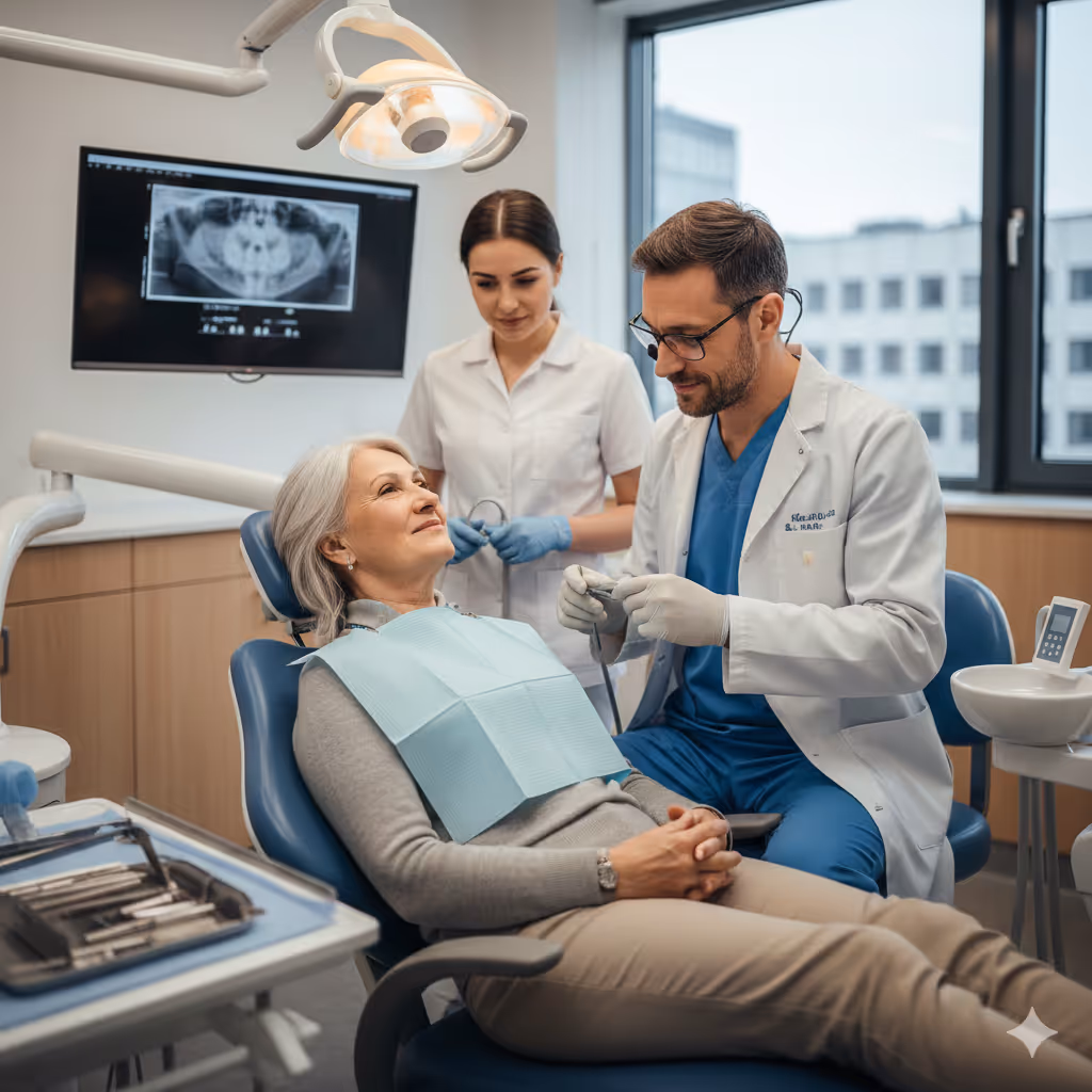 Elderly woman reclined in a dental chair with a dentist and a dental assistant preparing for treatment in a modern clinic.