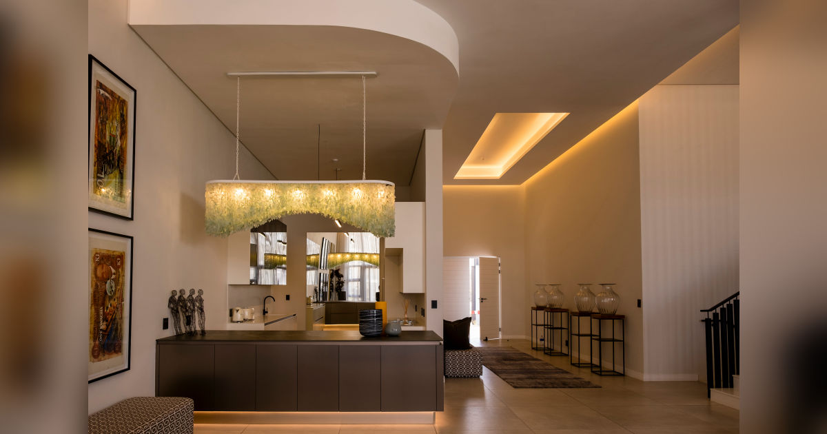 A custom created light fitting installed in a lounge