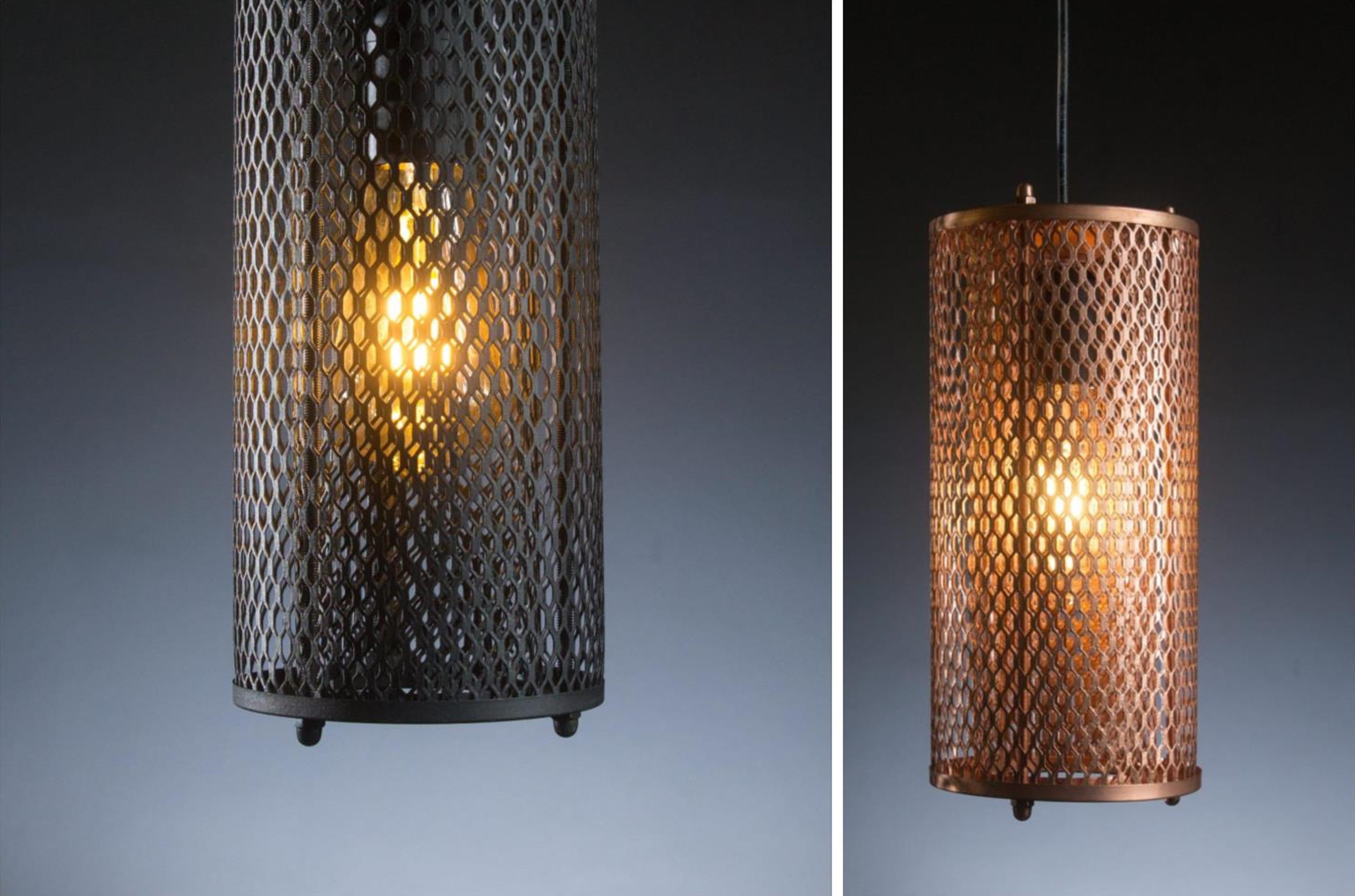 Two pendants up close in black and brass