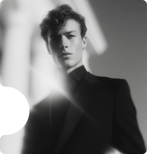 Black-and-white portrait of a young man with wavy hair wearing a dark suit, with soft light flares and blurred background.