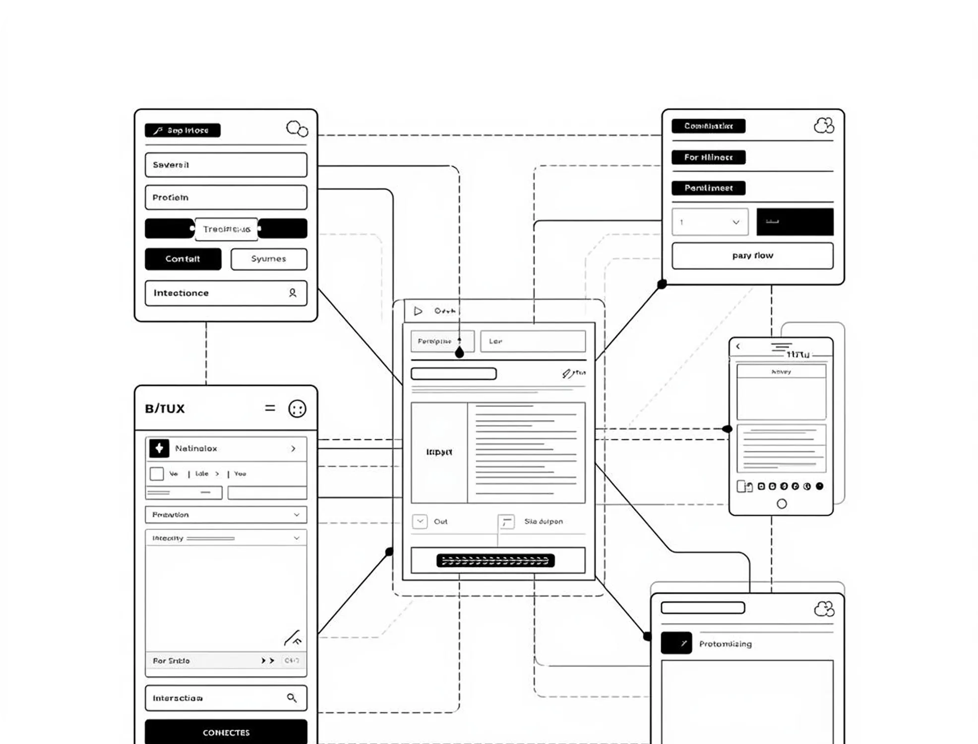 Wireframe diagram showing interconnected user interface designs on multiple screens including desktop and mobile layouts.