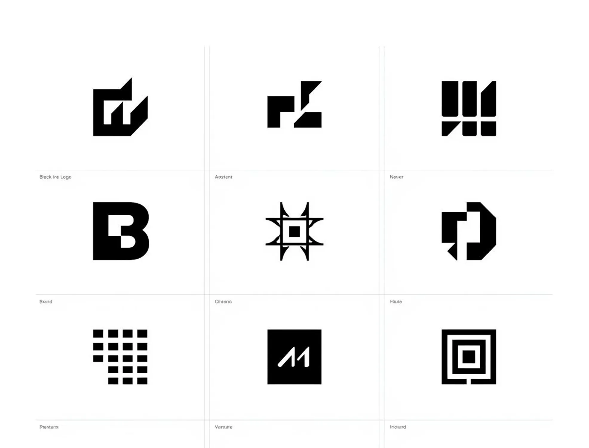 Grid of nine black abstract logos with labels including Block Inc Logo, Aastent, Newer, Brand, Chitena, Hnulo, Pentons, Venture, and Includ.