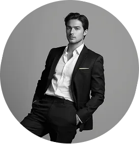 Young man in a black suit and white shirt posing confidently against a plain gray background.