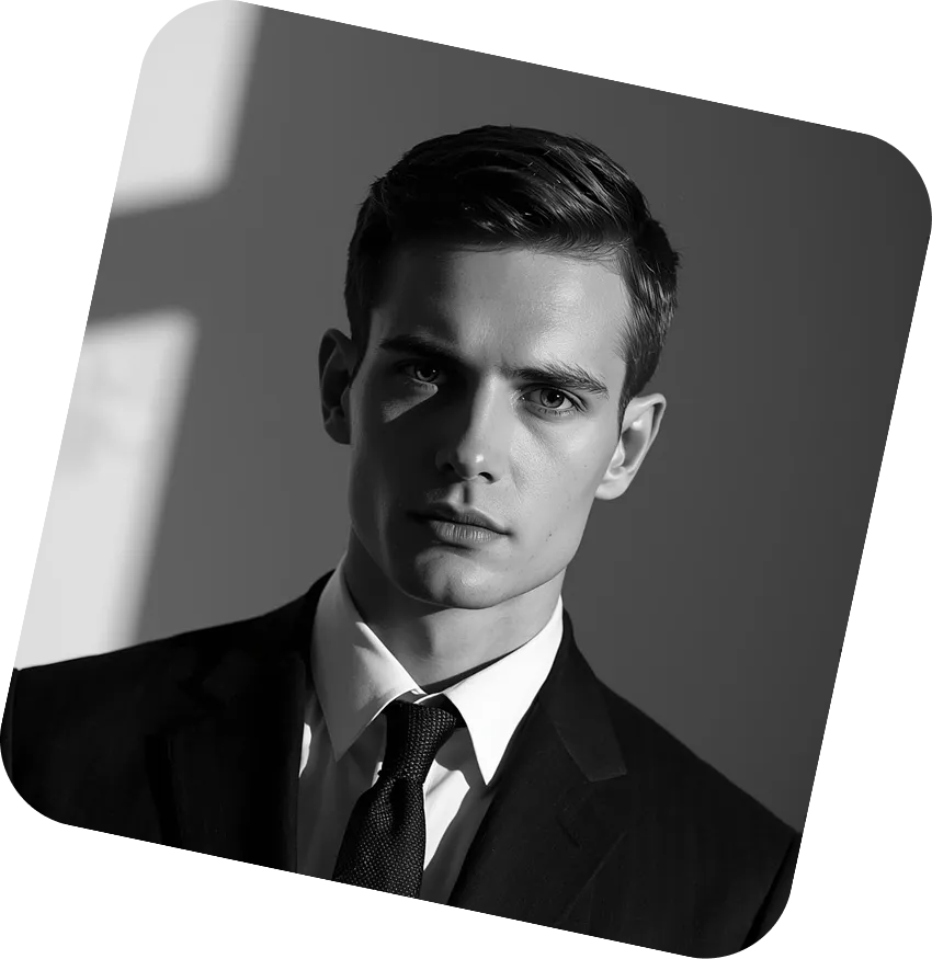 Black and white portrait of a serious young man wearing a suit and tie with light and shadow contrast.