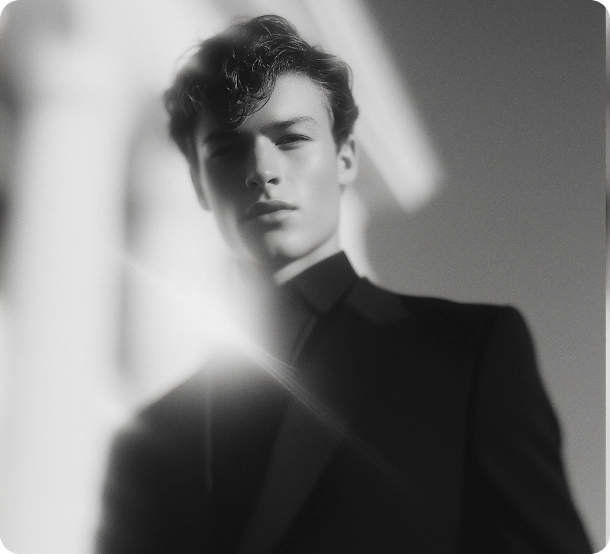 Black and white portrait of a young man with wavy hair wearing a dark suit, looking at the camera with a serious expression.