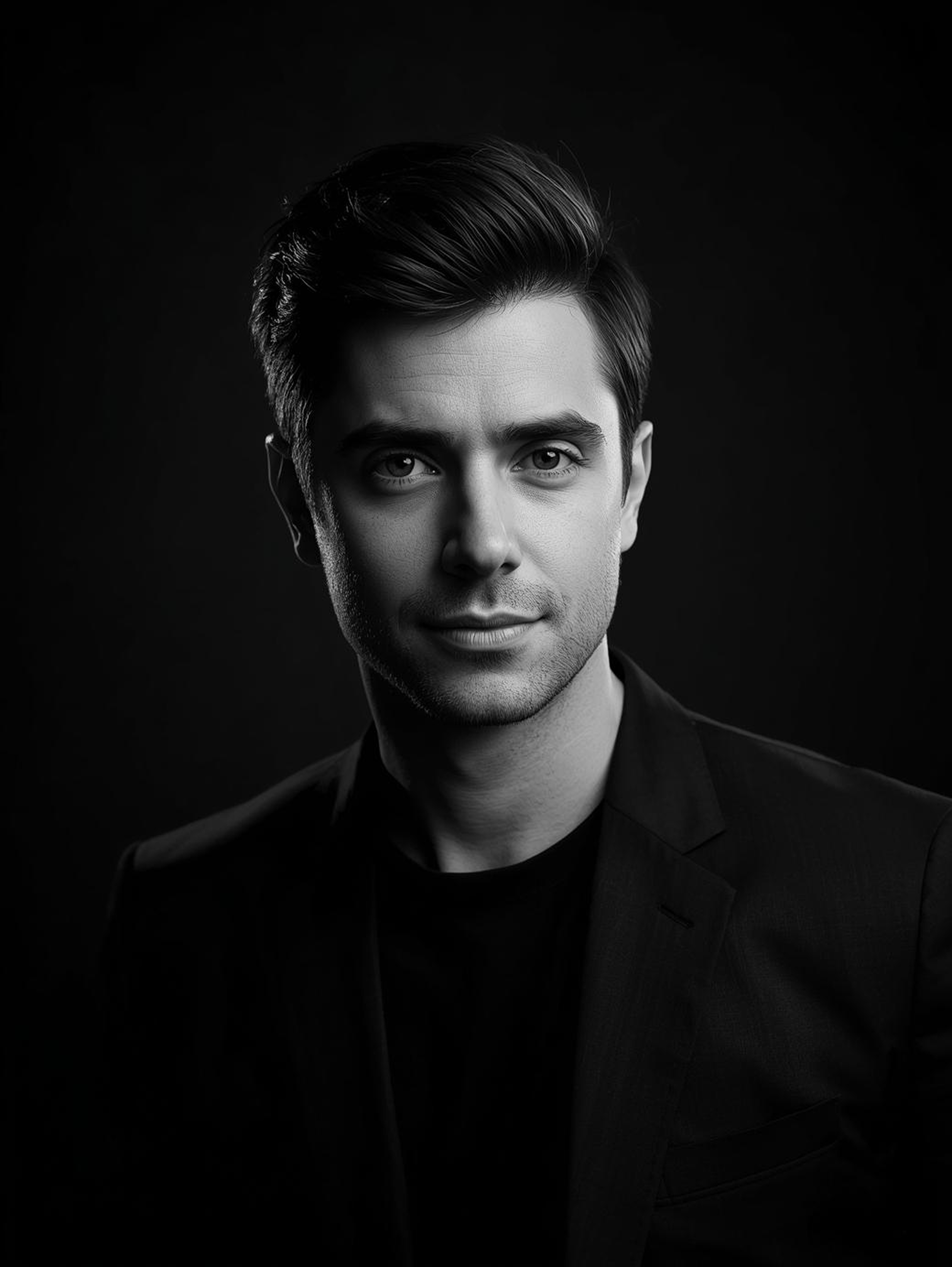 Black and white portrait of a young man with neatly styled hair wearing a dark jacket against a black background.