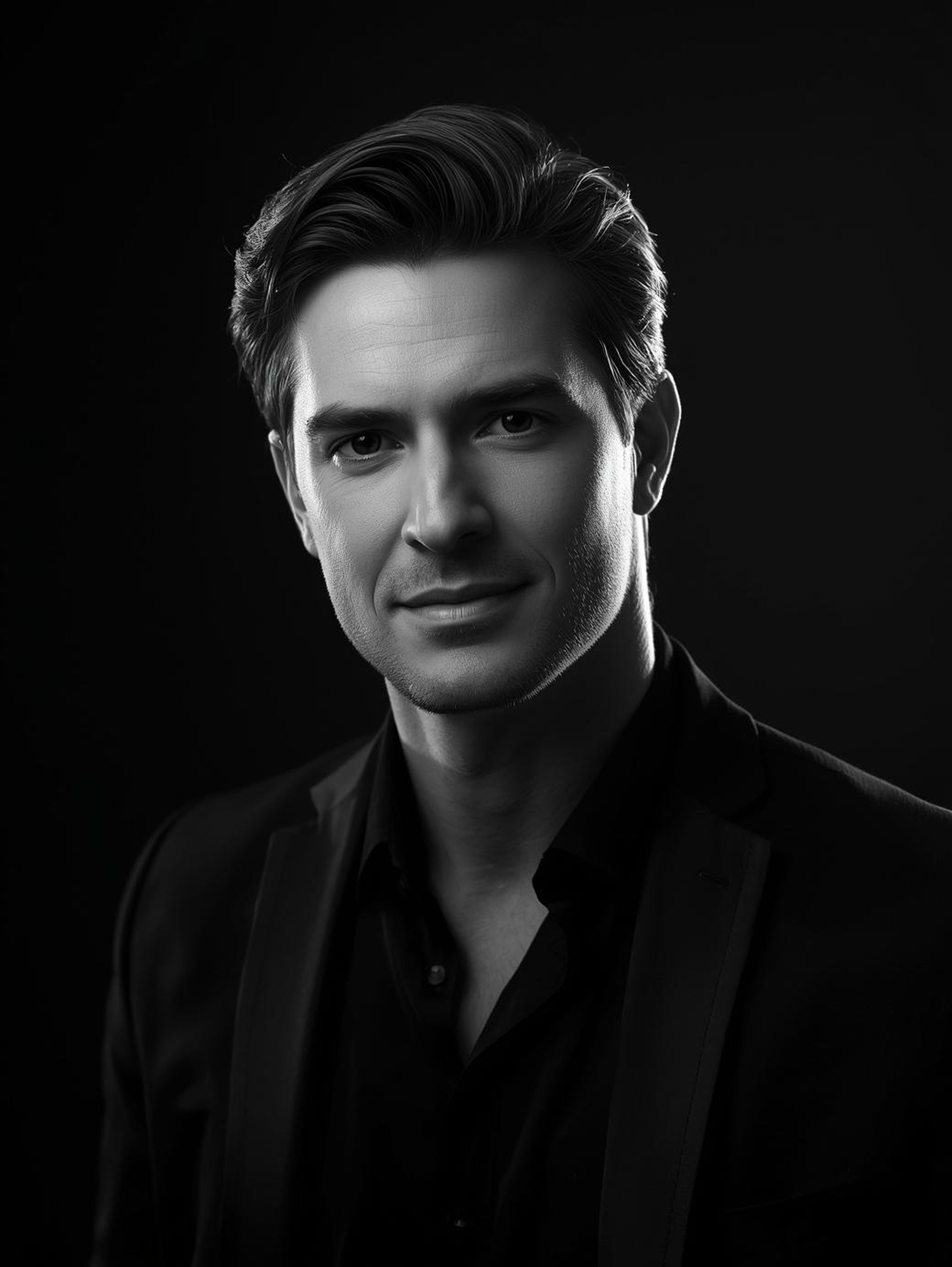 Black and white portrait of a confident man with neatly styled hair wearing a dark suit and shirt against a dark background.