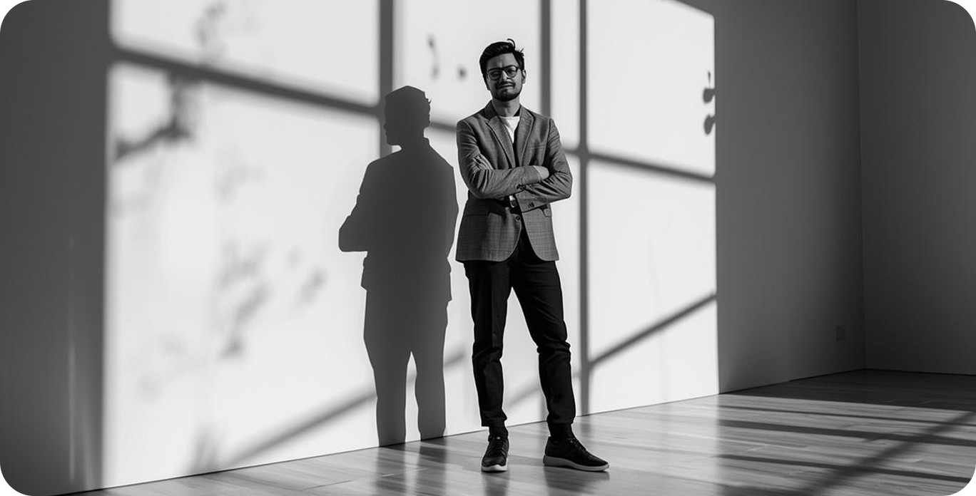Man wearing glasses and a blazer stands with arms crossed casting a shadow on a wall with window light patterns.