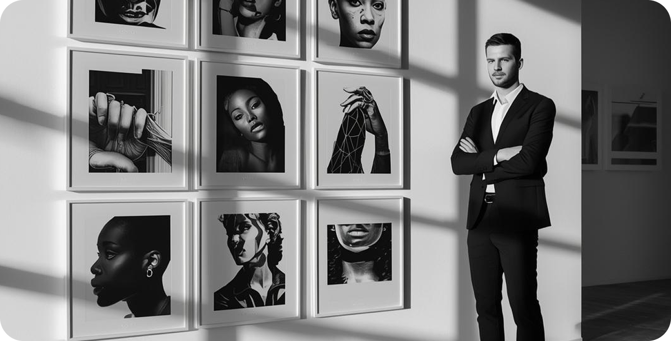Man in a suit standing with arms crossed beside a wall displaying nine framed black-and-white portrait artworks.