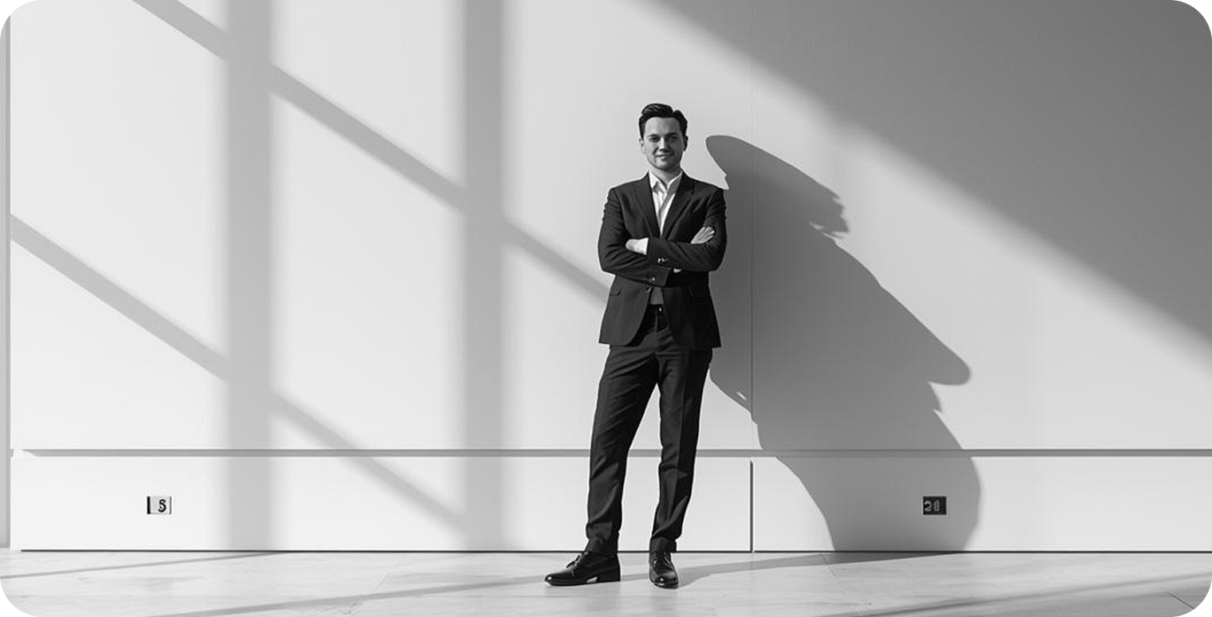 Man in a black suit standing with arms crossed in a sunlit room casting a large shadow on a white wall.