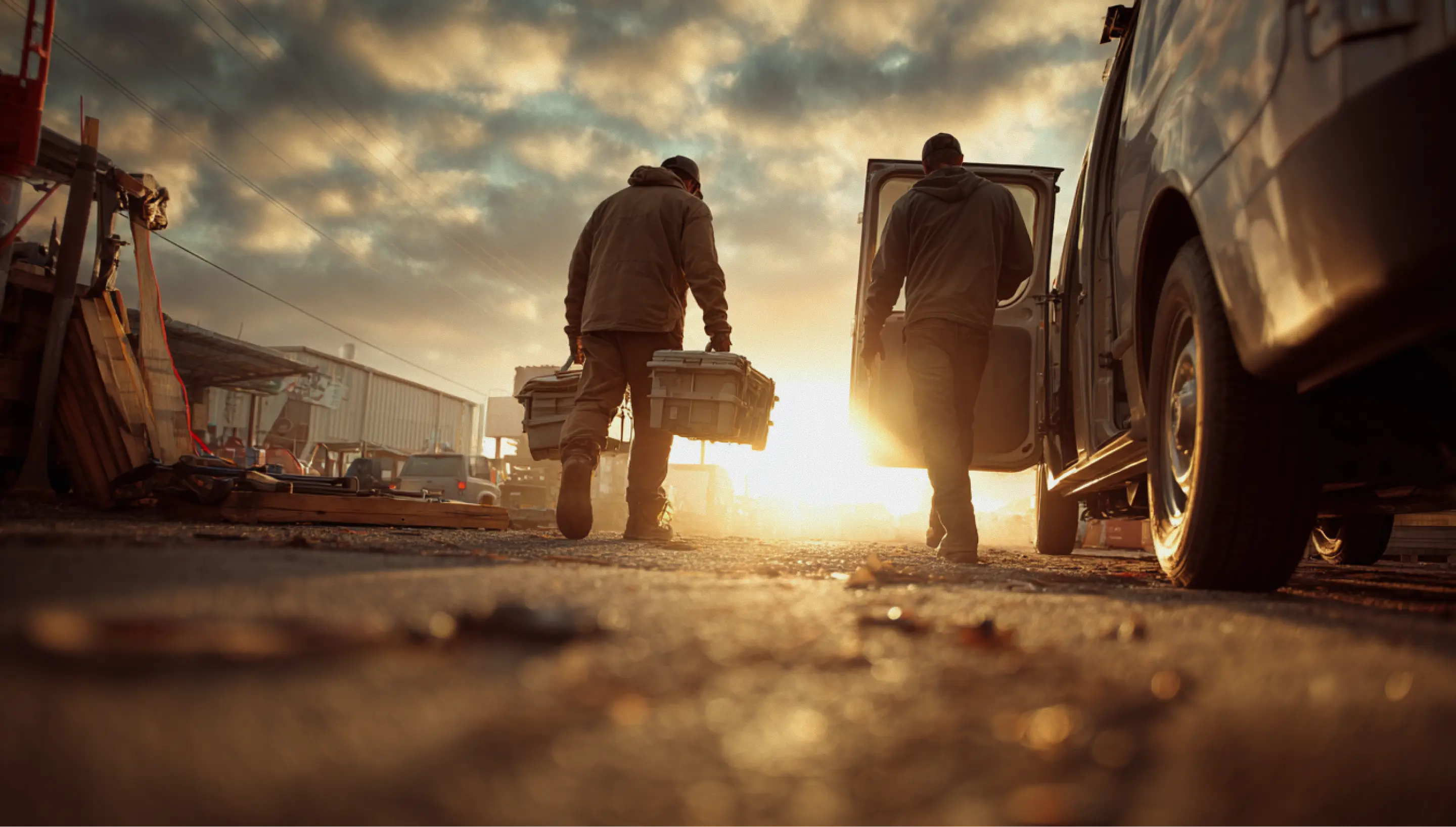 Two workers carrying toolboxes walking towards a white van at sunset in an industrial area.