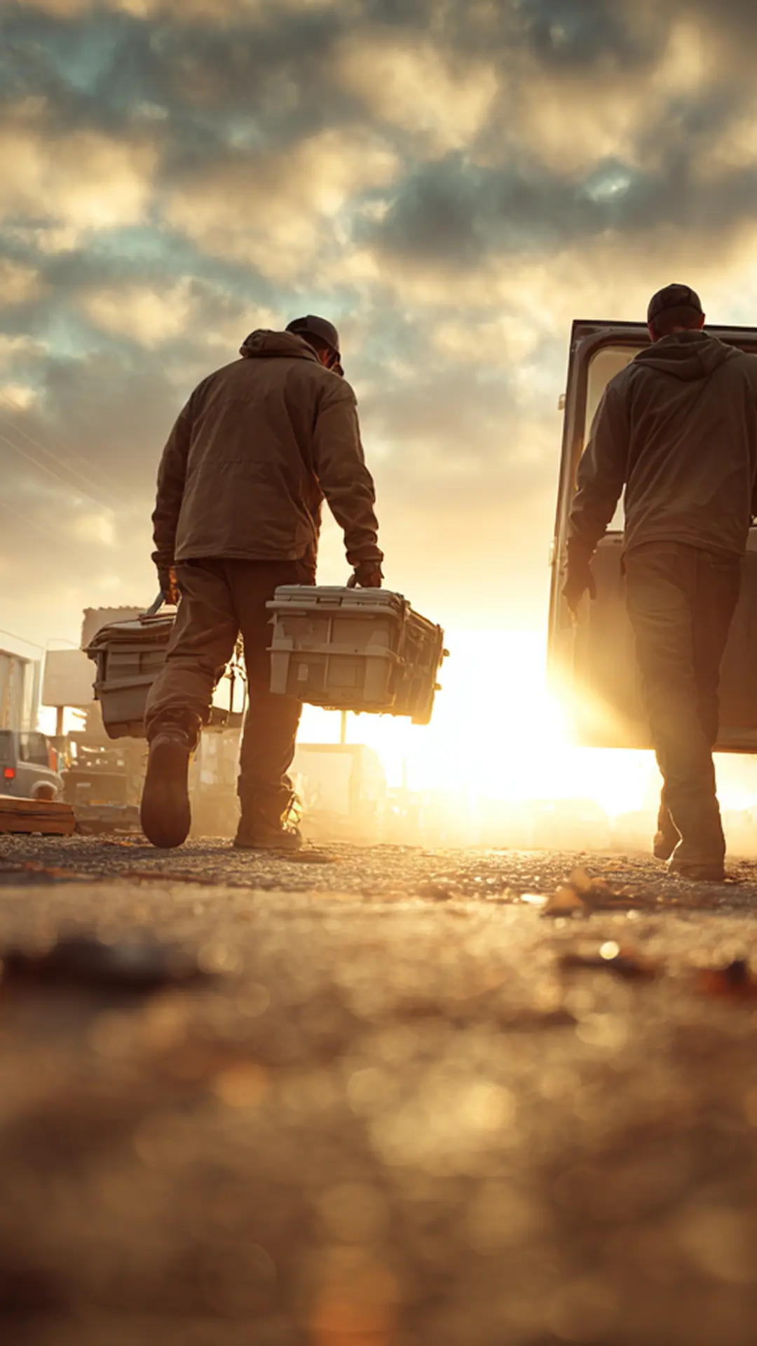 Two workers carrying toolboxes walking towards a van with a dramatic sunset sky.