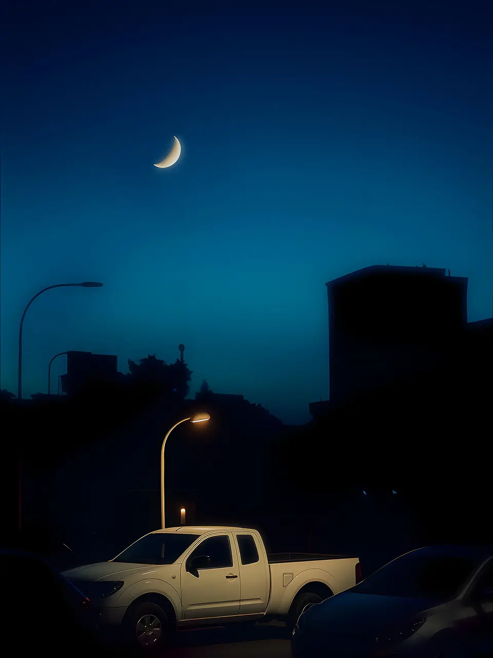 White pickup truck parked under a streetlamp at night with a crescent moon in the sky.
