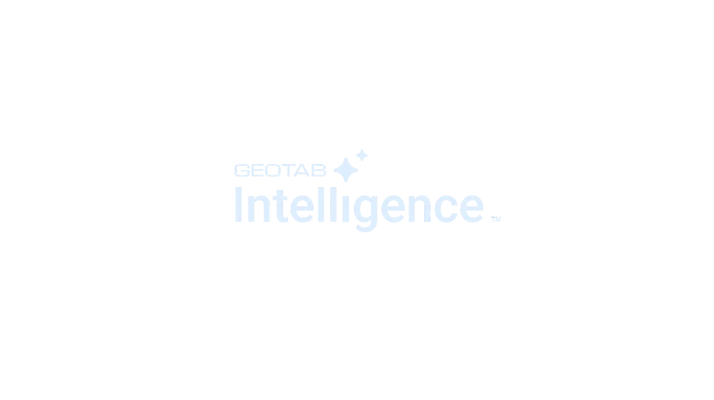 Geotab Intelligence brand logo with two sparkle icons on a black background.