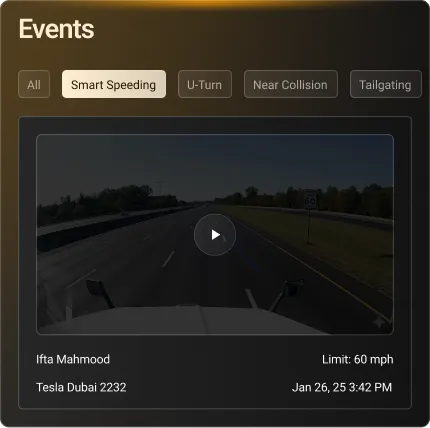 Dashboard showing a smart speeding event video on an empty highway with driver and vehicle details.