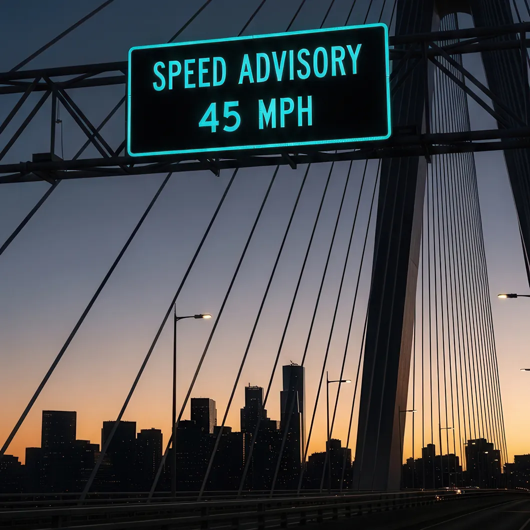 Digital road sign on a suspension bridge advising a speed advisory of 45 MPH during sunset.