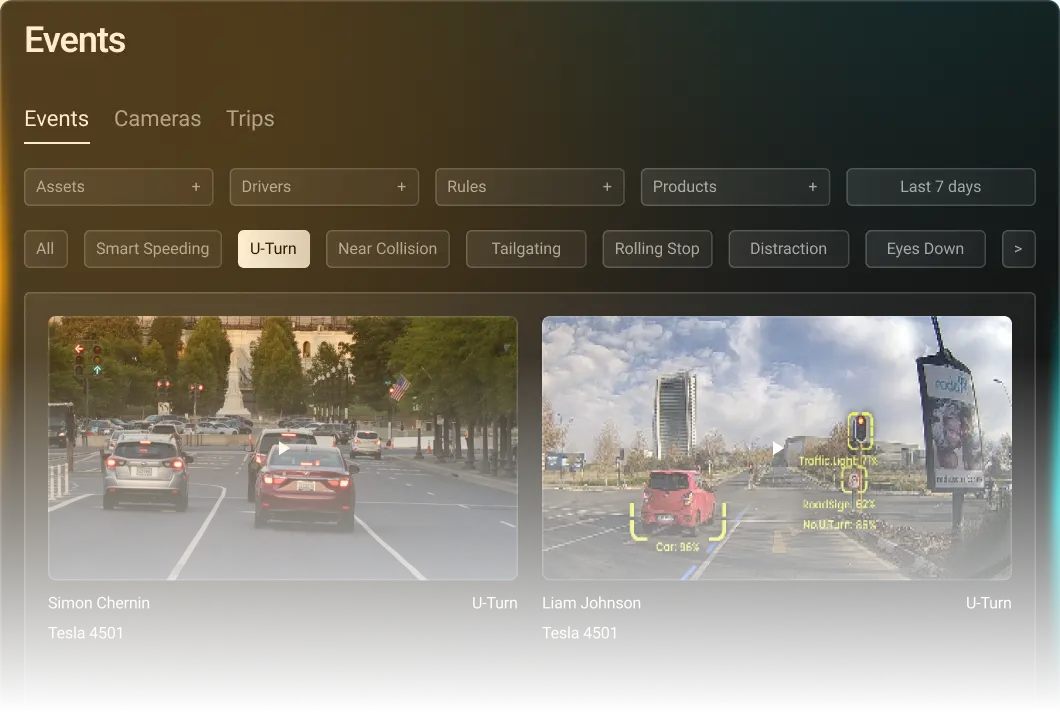 Dashboard showing U-turn events with two images of cars on city streets and driver names with Tesla IDs.