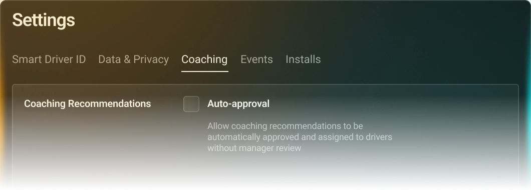 Settings menu showing Coaching tab with unchecked auto-approval option for coaching recommendations.