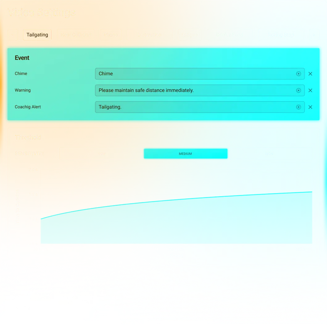 Video settings screen showing tailgating alerts and a medium sensitivity threshold graph for collision time.