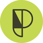 Abstract geometric logo combining shapes that resemble the letters P and D in dark green on a light green circular background.