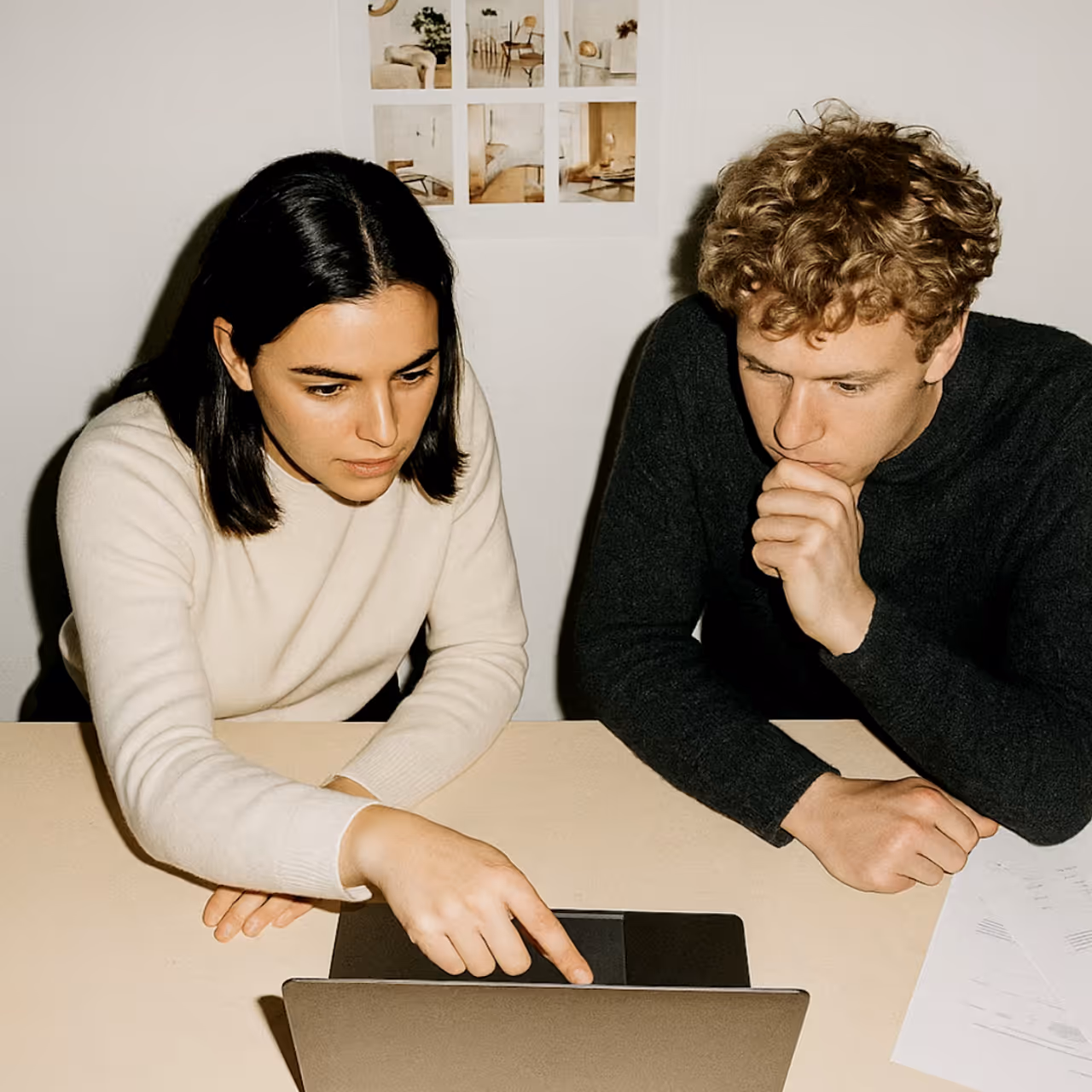 Two people sitting at a table focused on a laptop screen, with one person pointing at it and some papers placed nearby.