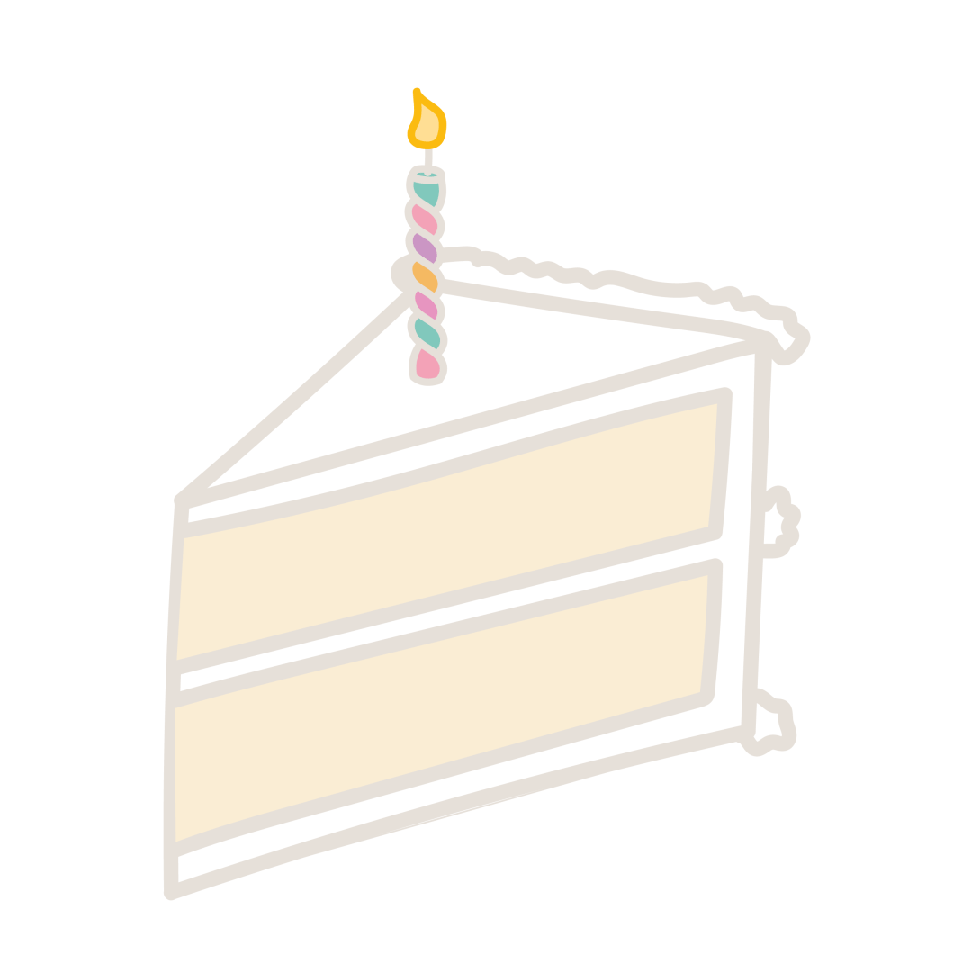 Slice of layered cake with a colorful lit birthday candle on top.