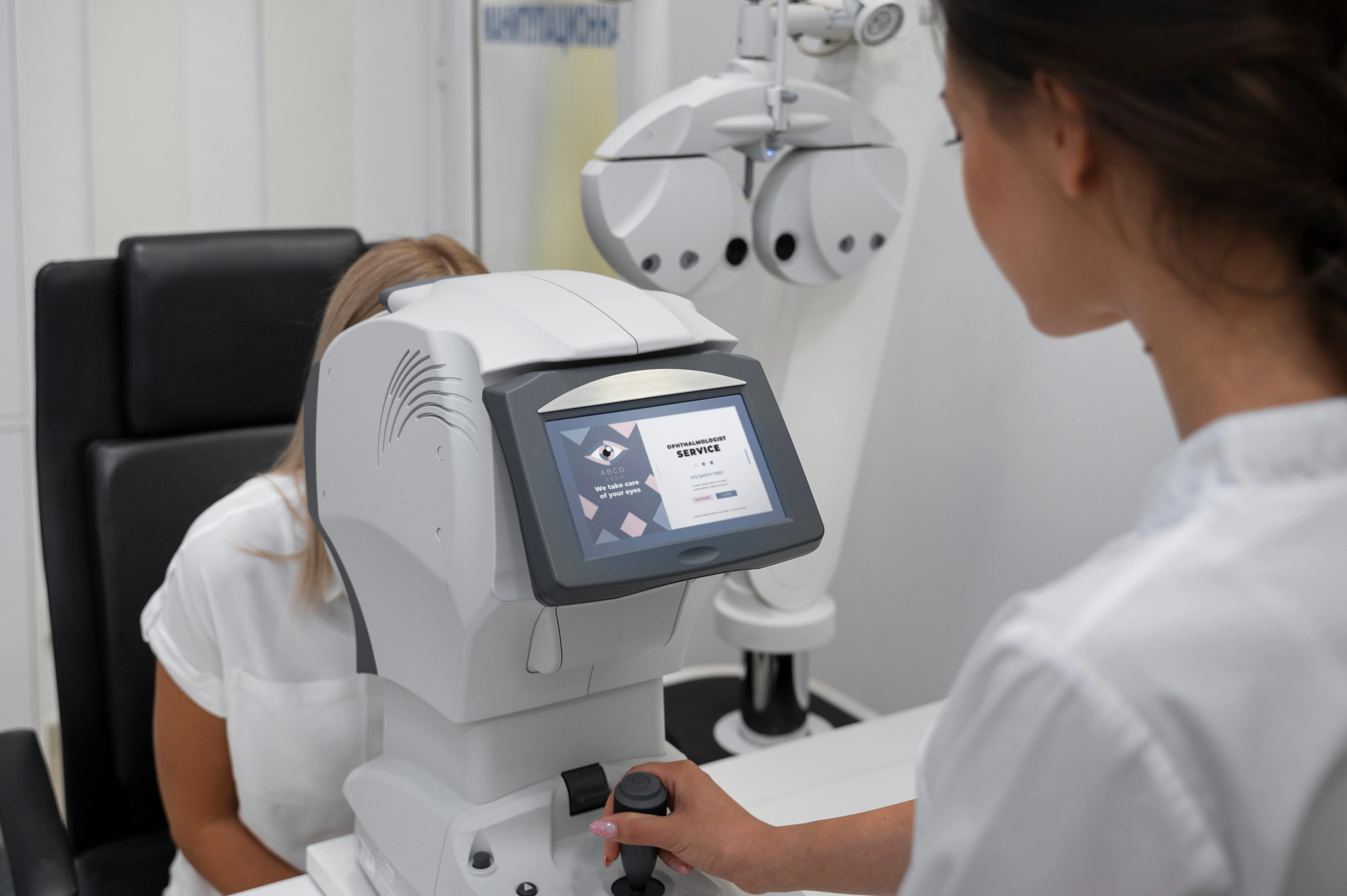 Ophthalmology patient undergoing eye examination with advanced automated diagnostic equipment in clinical setting.
