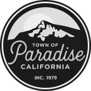 Seal of Town of Paradise California with mountain and crescent moon in black and white.