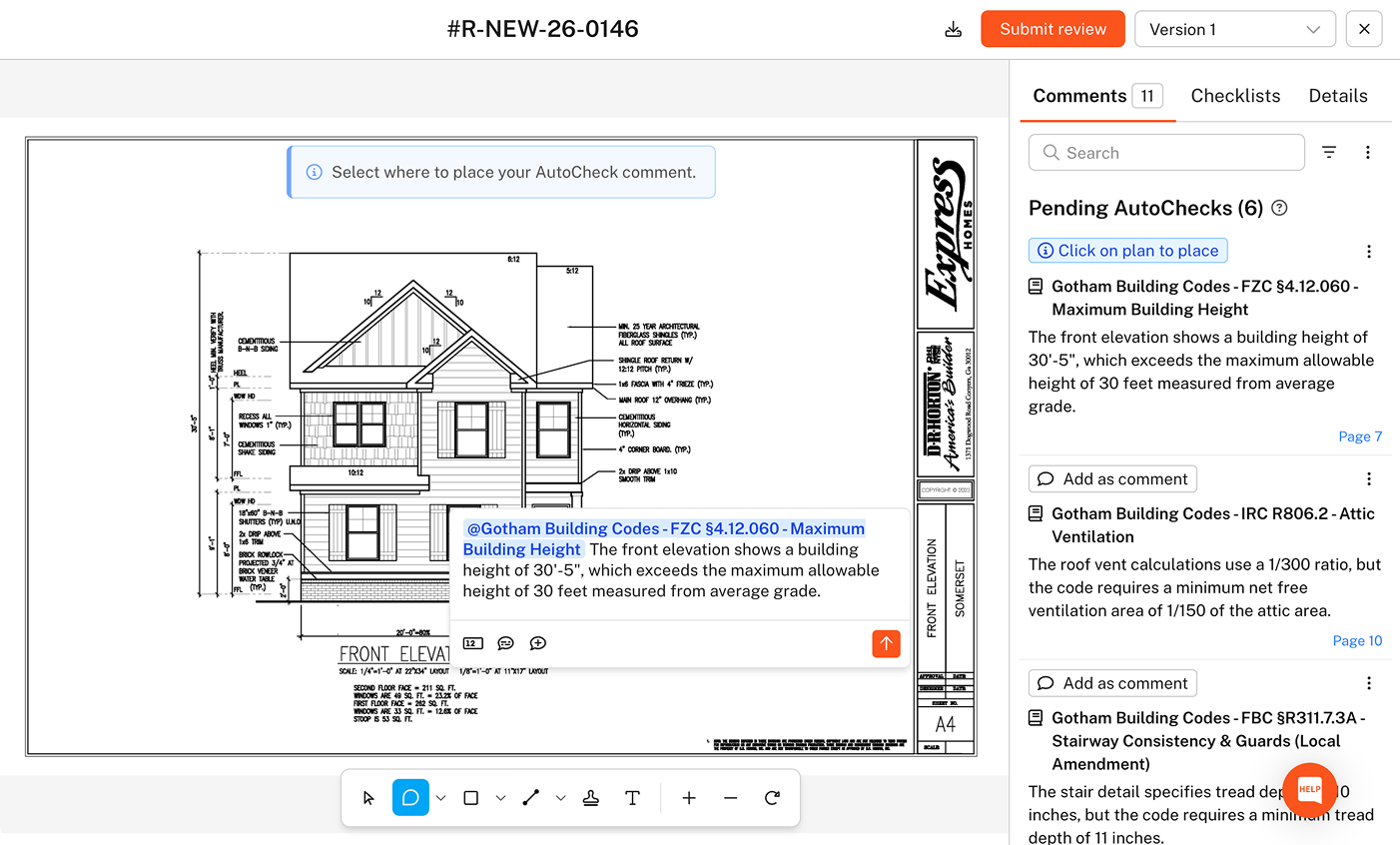 Architectural front elevation drawing of a two-story house with notes indicating it exceeds Gotham Building Code maximum height of 30 feet.
