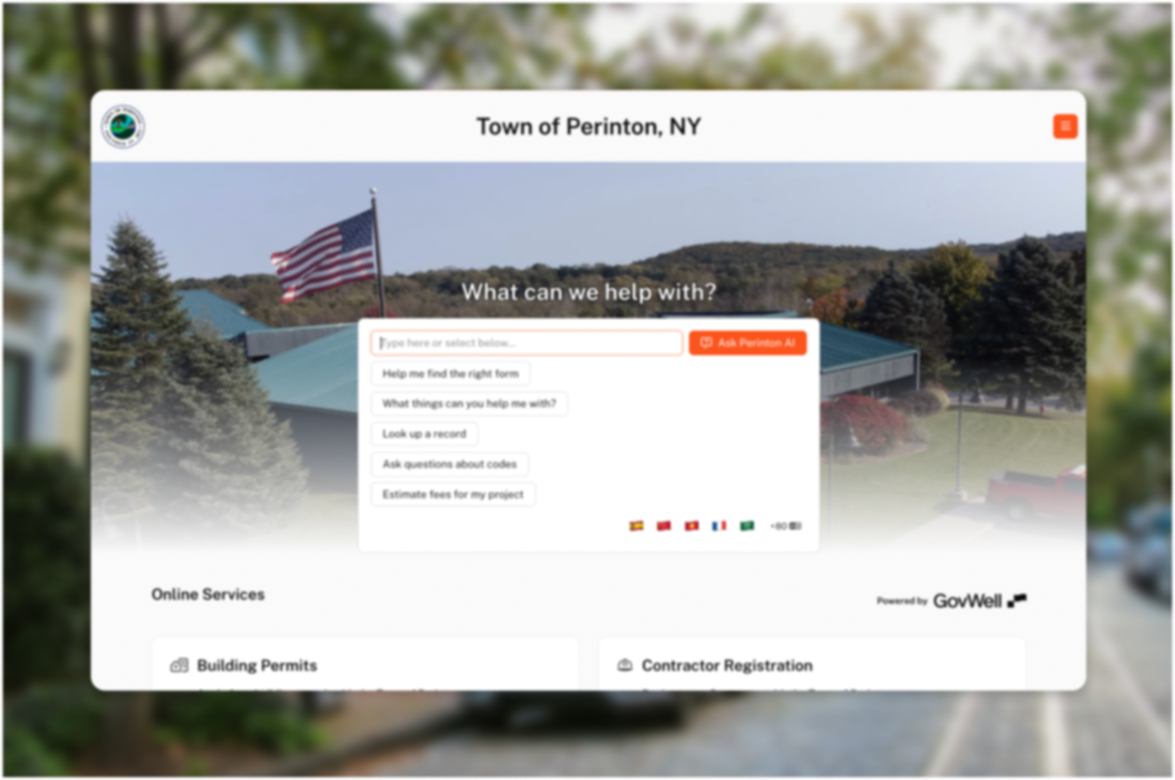 GovWell dashboard showing building permits with a map highlighting locations and a table listing permit records submitted by Bruce Wayne.