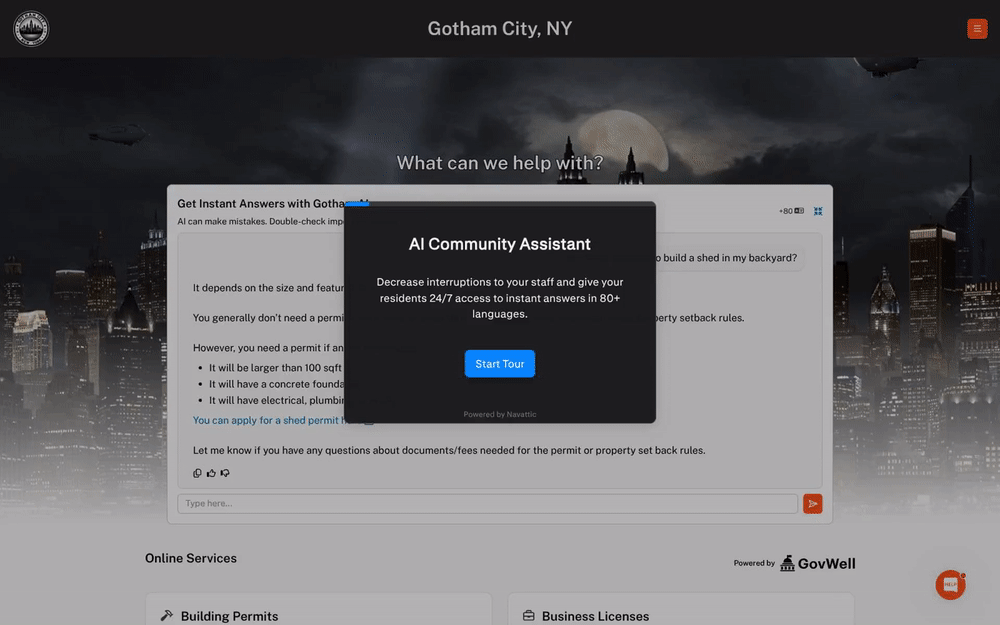 GovWell dashboard showing Building Permits section with map markers and a table listing permit records submitted by Bruce Wayne.