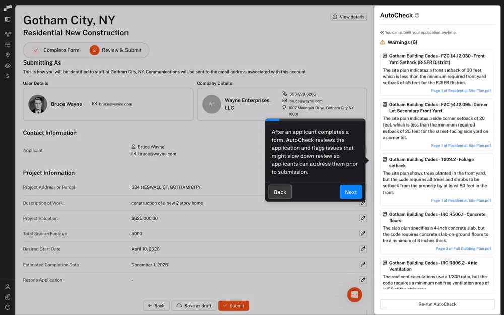 User interface of a Gotham City, NY residential new construction permit form showing applicant Bruce Wayne's details, project information, and AutoCheck warning messages for building code violations.
