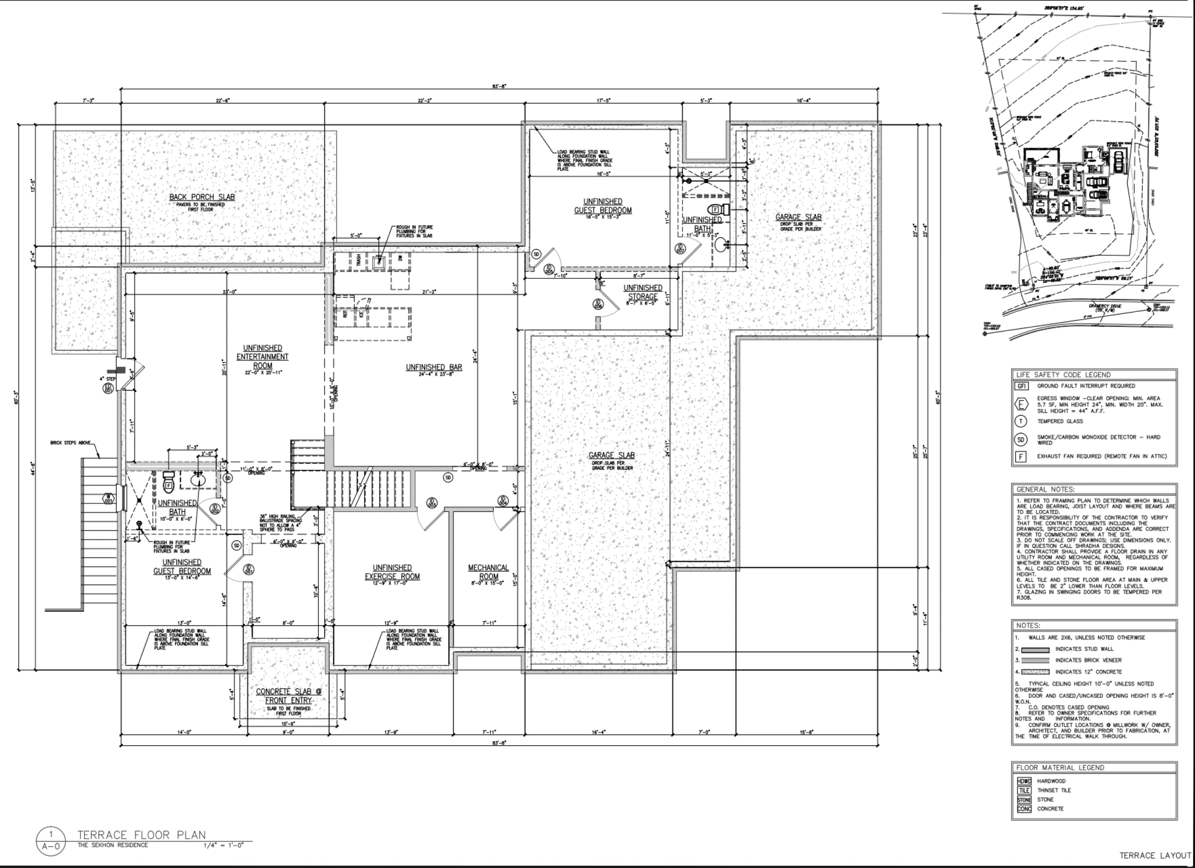 Architectural terrace floor plan showing layout of unfinished rooms, guest bedrooms, bathrooms, garage slab, mechanical room, back porch slab, stairs, and detailed measurements with legends for life safety code and floor materials.