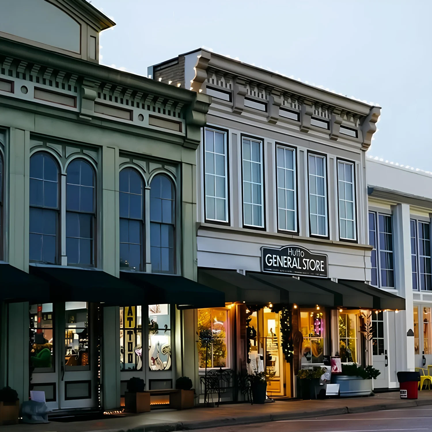 Street view of historic storefronts at dusk featuring a lit Hutto General Store with adjacent shops.