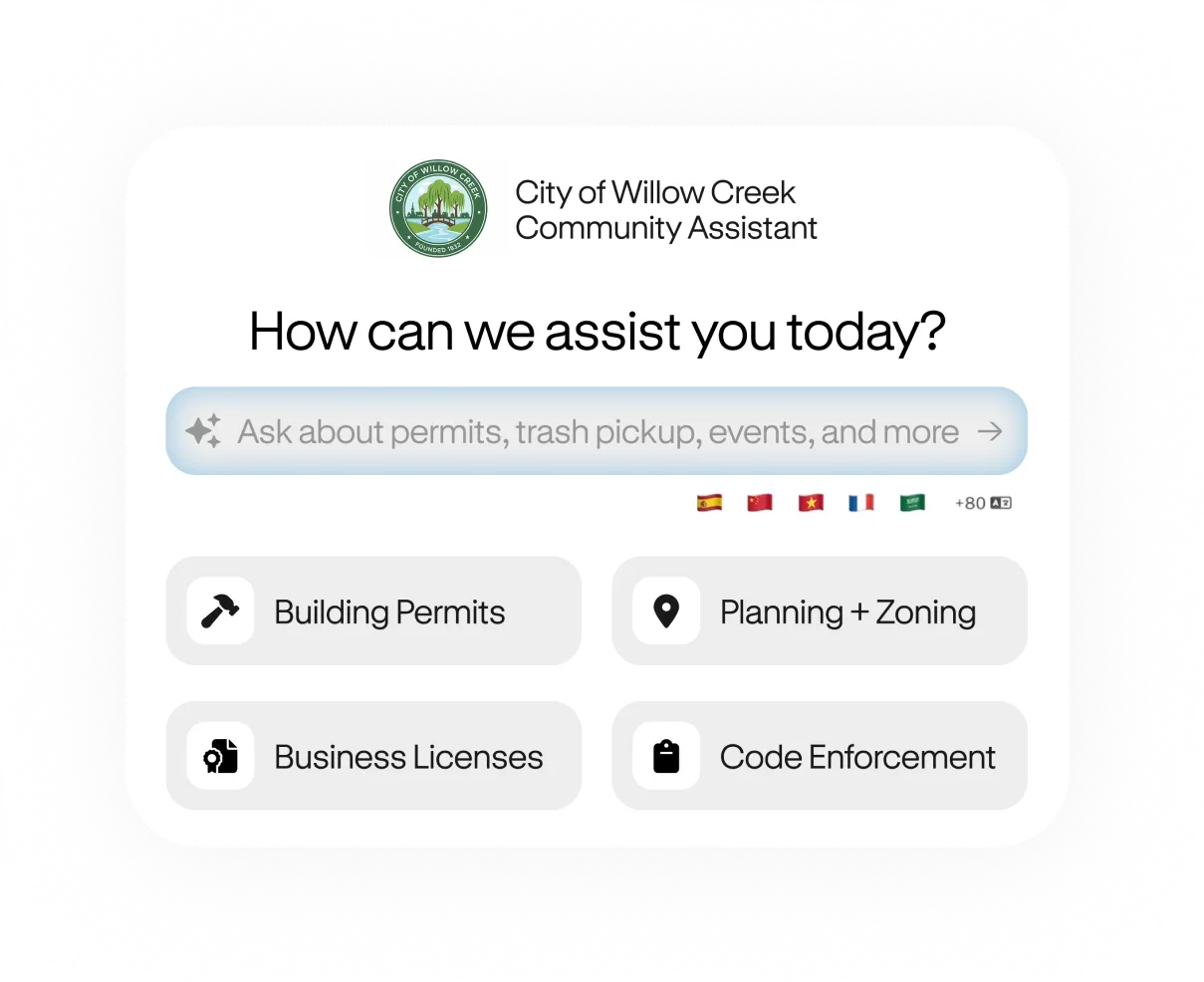 City of Willow Creek Community Assistant interface with options: Building Permits, Planning + Zoning, Business Licenses, Code Enforcement, and a search bar for permits, trash pickup, and events.