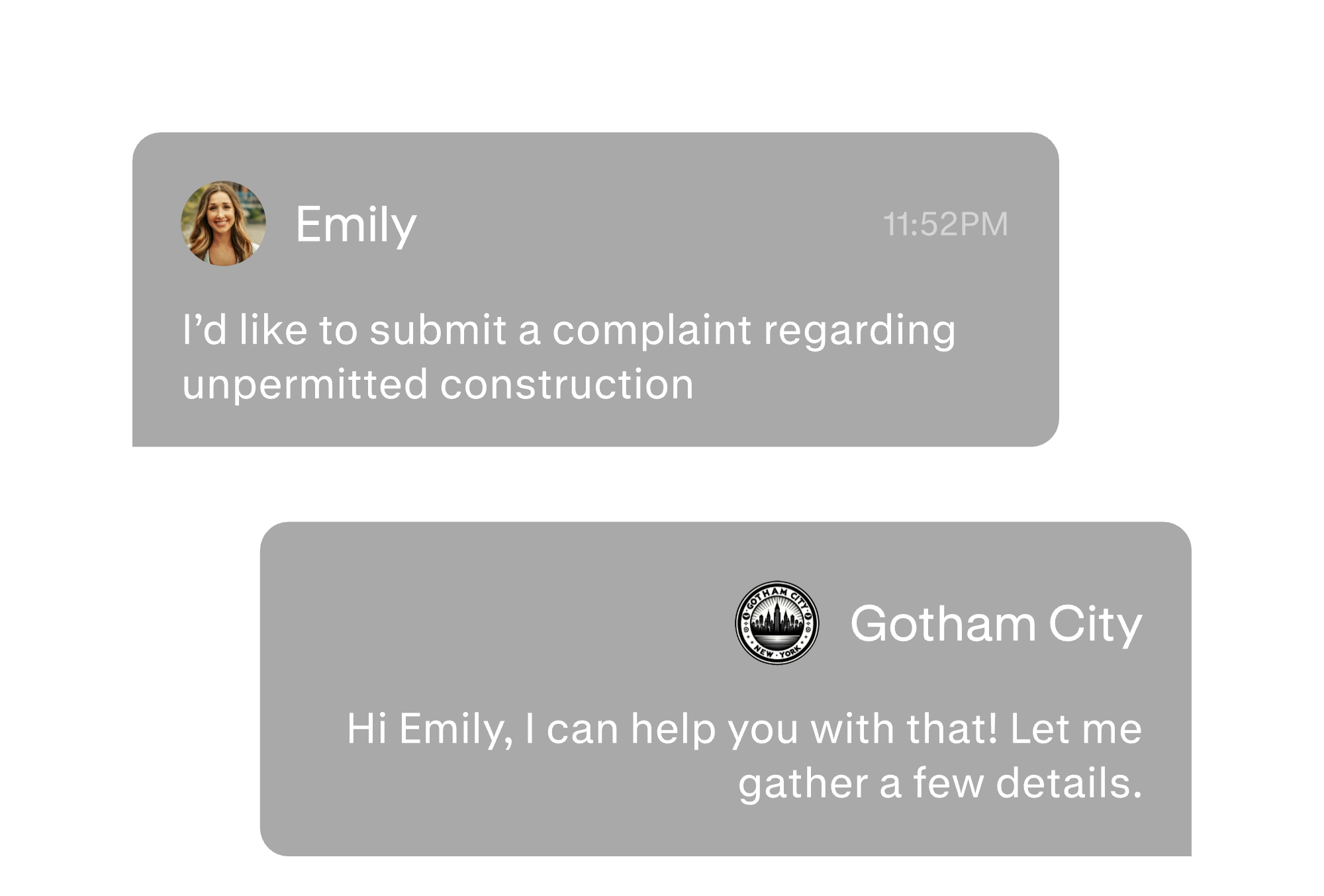 Chat showing Emily submitting a complaint about unpermitted construction and Gotham City responding to help.