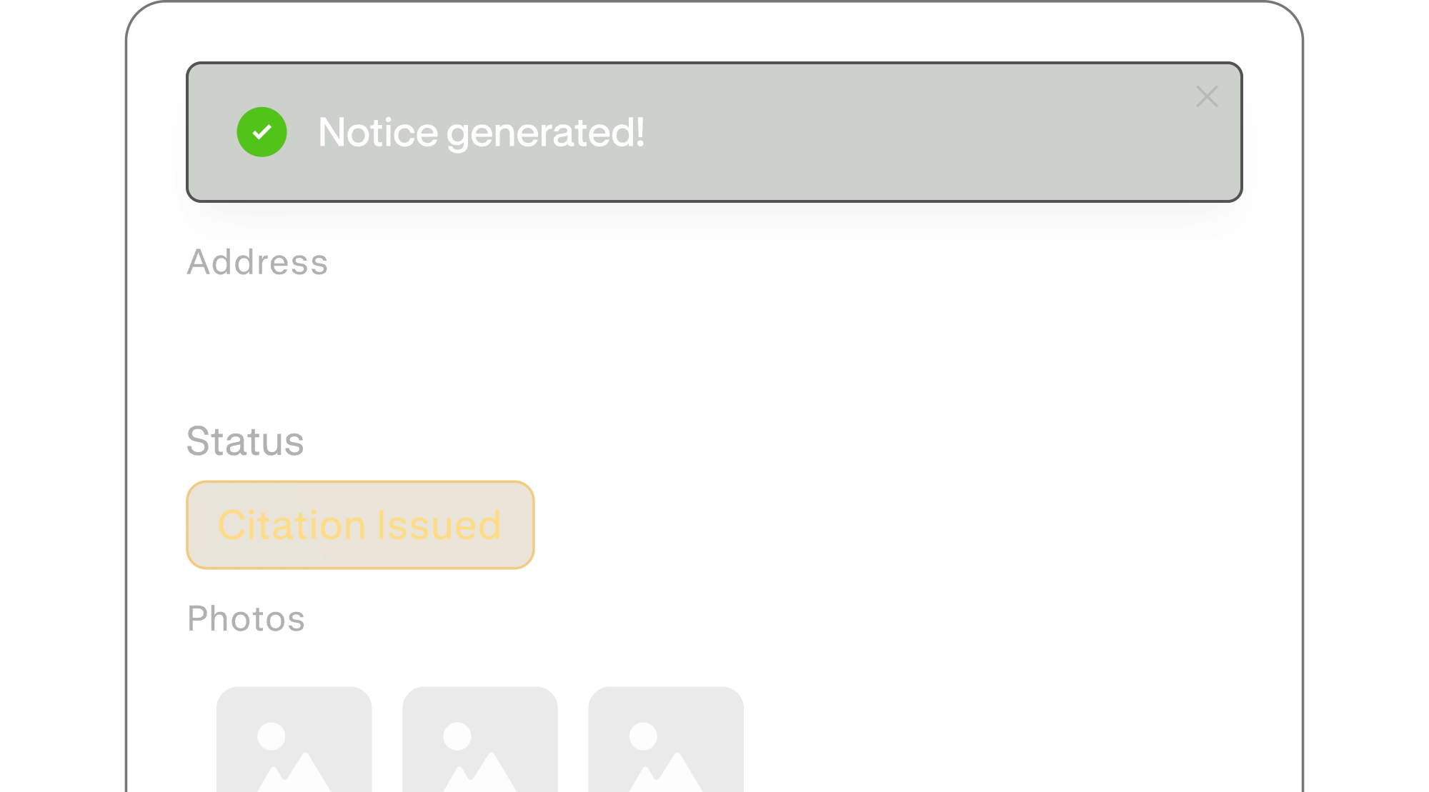 Screen showing 'Notice generated!' message with status 'Citation Issued' highlighted.