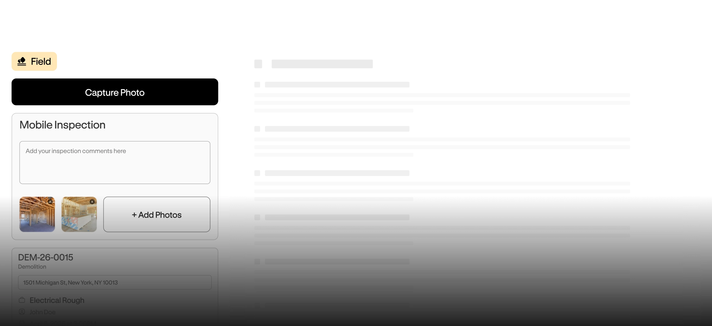 Mobile inspection form with photo capture option and comments section showing building interior photos.