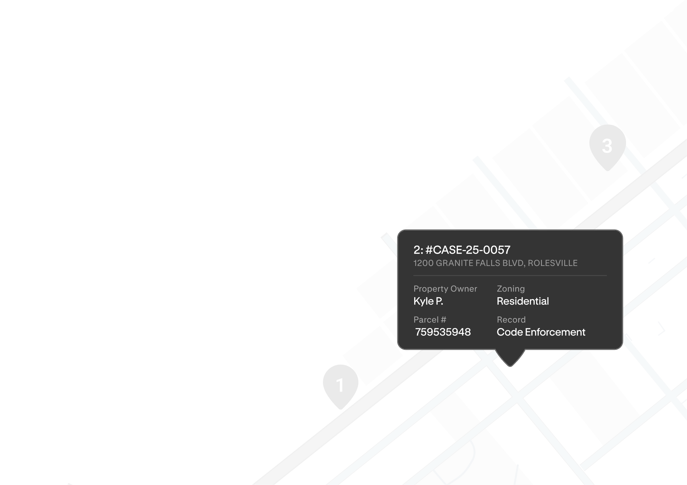 Map showing property case #CASE-25-0057 at 1200 Granite Falls Blvd, Rolesville with owner Kyle P. and zoning Residential.