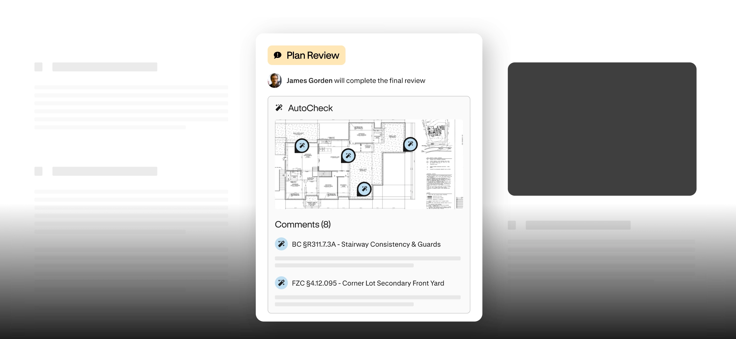 Digital plan review interface showing floor plan with review comments and markers.