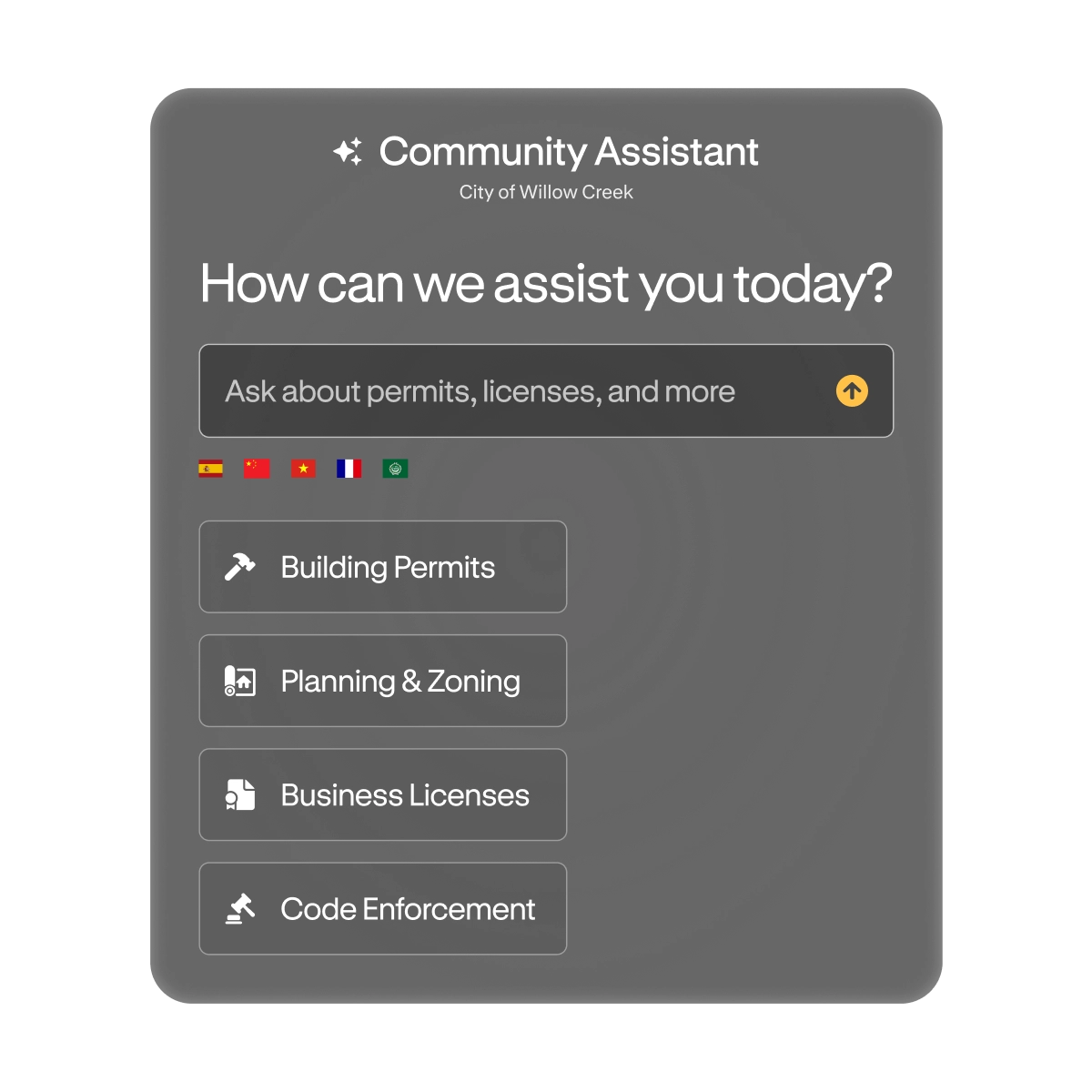 City of Willow Creek Community Assistant interface with options: Building Permits, Planning + Zoning, Business Licenses, Code Enforcement, and a search bar for permits, trash pickup, and events.