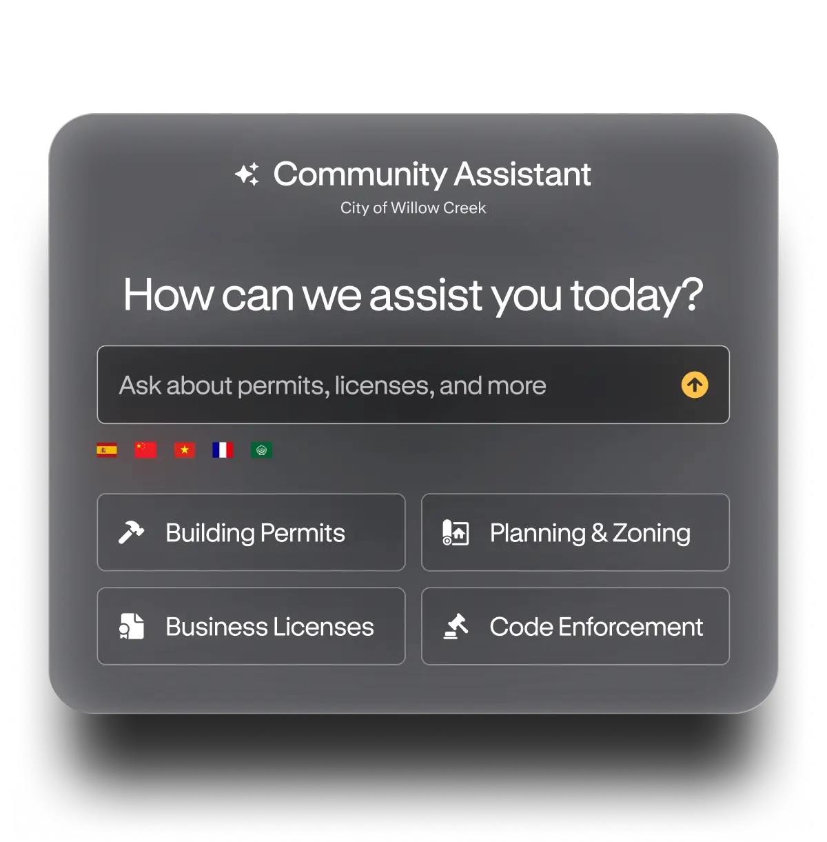 City of Willow Creek Community Assistant interface with options: Building Permits, Planning + Zoning, Business Licenses, Code Enforcement, and a search bar for permits, trash pickup, and events.