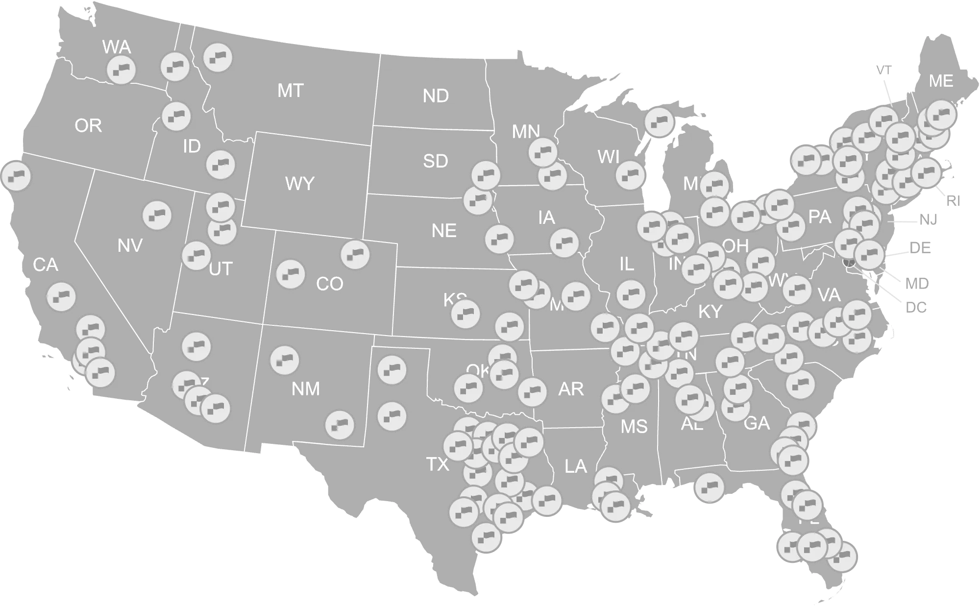 Map of the United States showing states with numerous gray location markers across the country.