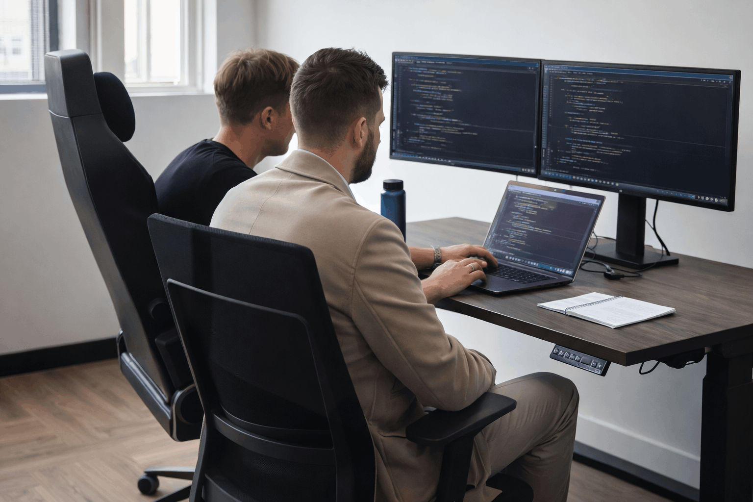 Human hand reaching out to touch a robot hand against a neutral gray background.